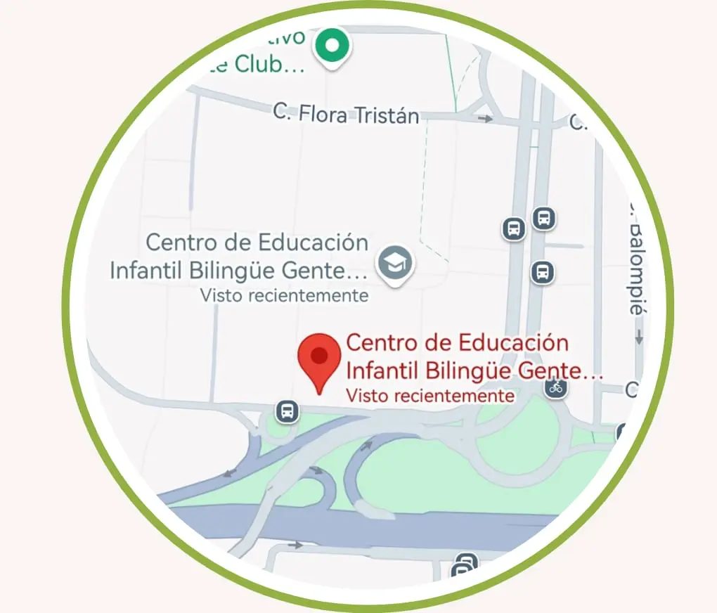 Mapa de la escuela infantil gente menuda en Sevilla, se ve la zona y sus alrededores junto a los servicios.