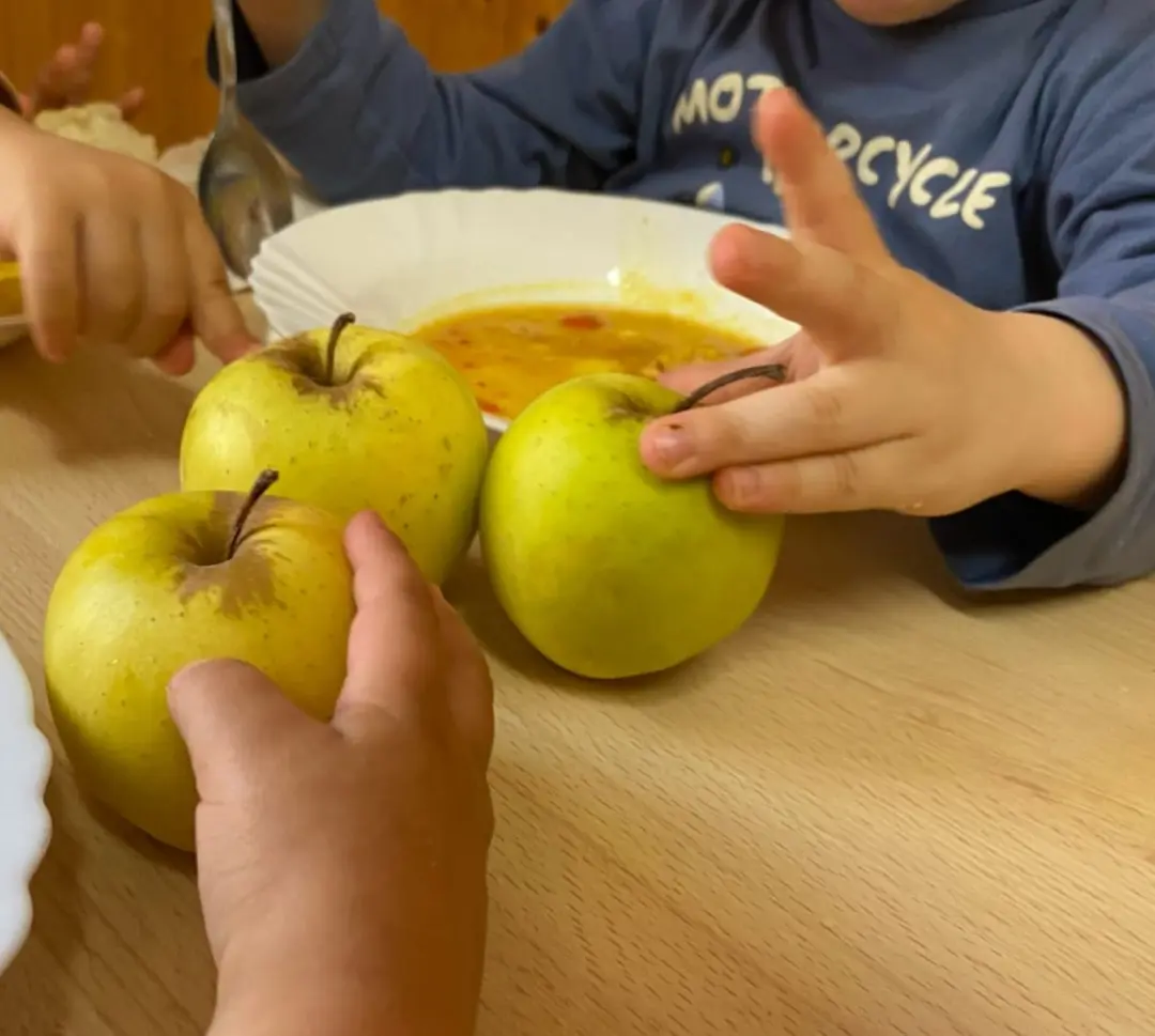 niños tocando manzanas